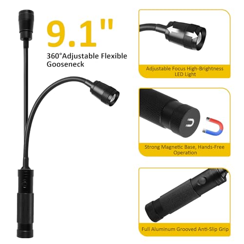LED Work Light, Gooseneck Flashlight with Magnetic Base, Zoomable Flexible Led, 500 Lumen Mechanics Light Suitable for Auto Repair, Outdoor BBQ, Work Bench, Emergency, Pack of 2