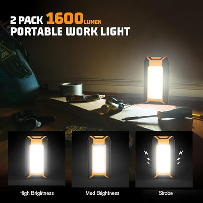 Favorlite 2-Pack Rechargeable LED Work Light, 1600LM Magnetic Portable | Phone Charging, 12-Hr Battery, Waterproof, Car Repair, Camping, Garage & Emergency Use