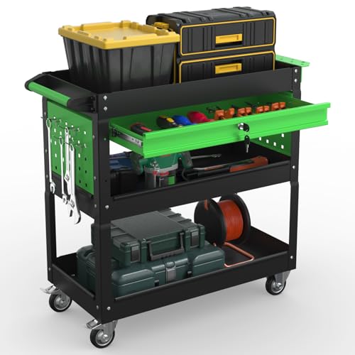 3 Tray Rolling Tool Cart with Drawers, 400 LBS Capacity Mechanic Tool Cart on Wheels, Heavy Duty Utility Cart with Pegboard, Metal Work Cart for Garage and Repair Shop, Blackgreen - color: Blackgreen