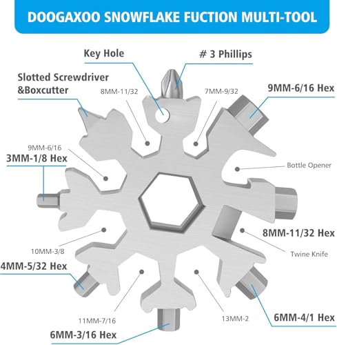 18-in-1 Snowflake Multi Tool,Function Stainless Steel Bottle Opener/Wrench, Flat Cross Screwdriver Kit Snowflake, Outdoor Durable and Portable，Great Gift for Mens (silvery)