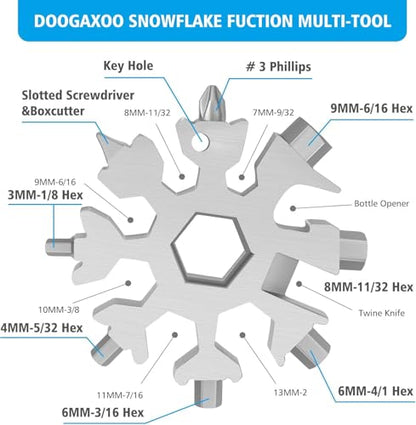 18-in-1 Snowflake Multi Tool,Function Stainless Steel Bottle Opener/Wrench, Flat Cross Screwdriver Kit Snowflake, Outdoor Durable and Portable，Great Gift for Mens (silvery)