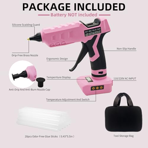 100W Cordless Glue Gun for Dewalt 20V MAX Battery- 20 Full Size Glue Sticks | Digital Temperature Adjustable High Temp Full Size Heavy Duty Hot Glue Gun (Battery Not Include) - size: Full Size