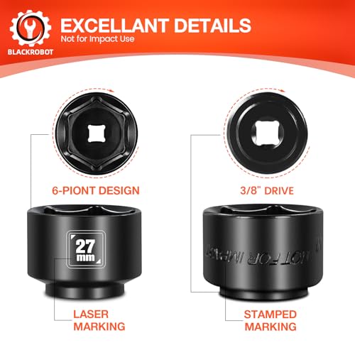 BLACKROBOT 27mm Low Profile Oil Filter Socket, 3/8" Drive 6-Point Oil Filter Cap Remover and Installer Tool, Chrome Vanadium Steel - size: 27mm