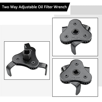 Universal Adjustable Oil Filter Wrench, Carbon Steel, Black, 1/2 & 3/8 Inch Square Drive Socket, 3-Jaw & 2-Way Design | 1/2 & 3/8 Inch Square Drive Socket, 3-Jaw & 2-Way Design - style: Universal
