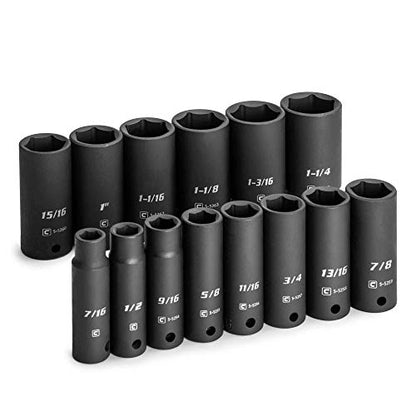 Capri Tools 1/2 in. Drive Deep Impact Socket Set, 7/16 to 1-1/4 in, SAE, 14-Piece - size: Deep Set / 7/16 to 1-1/4 in.