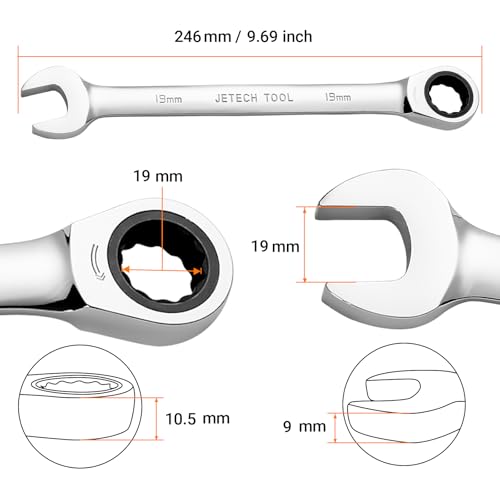 Jetech 19mm Ratchet Wrench, Ratcheting Combination Wrench Metric, Industrial Grade Gear Spanner with 12-Point Design, 72-Tooth Ratchet, Chrome Vanadium Steel for Auto & DIY Repair - size: 19mm