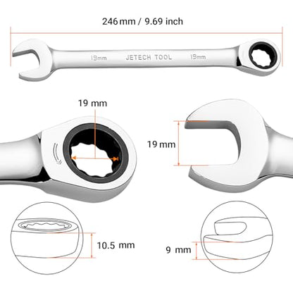Jetech 19mm Ratchet Wrench, Ratcheting Combination Wrench Metric, Industrial Grade Gear Spanner with 12-Point Design, 72-Tooth Ratchet, Chrome Vanadium Steel for Auto & DIY Repair - size: 19mm