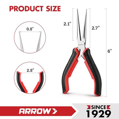 ARROW 6" Needle Nose Pliers, Mini Long Nose Pliers with Smooth Jaws, Small Needle Nose Pliers for Jewelry Making, Wire Bending and Small Object Gripping - style: Straight Needle Nose Pliers