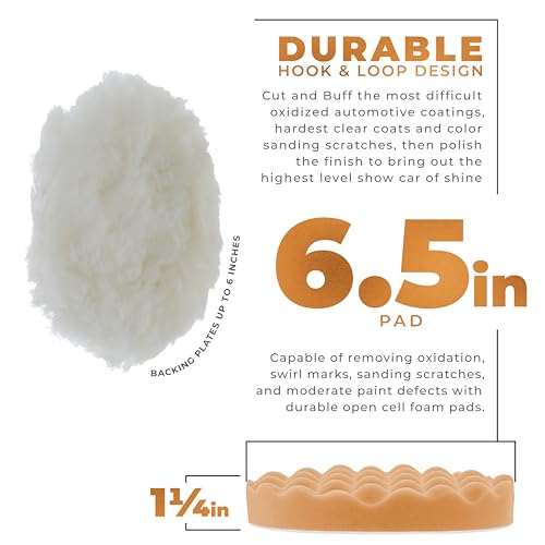 TCP Global 6.5 Inch Buffing Pads Set - 5 Waffle Foam Buffer Pads & 1 Wool Pad for Orbital Buffers, DA Polish Pad for Paint Correction, Polishing Kit for Auto & Boat Gelcoat Detailing
