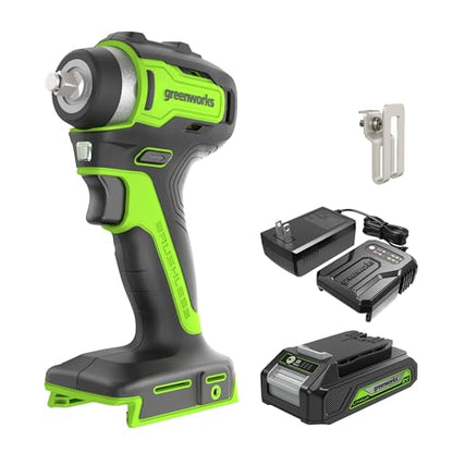 Greenworks 24V 3/8" Brushless Cordless Impact Wrench, 3/8 Inch, 150 ft.-lbs Torque, Lightweight and Compact, with 2.0Ah Battery and Charger, PA147K - size: 150 ft.-lbs., style: w/2Ah Battery