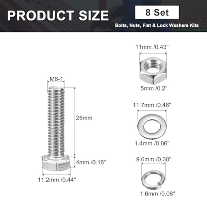 uxcell M6 x 25mm Hex Head Screws Bolts, Nuts, Flat & Lock Washers Kits, 304 Stainless Steel Fully Thread Hexagon Bolts 8 Sets - size: M6 x 25mm