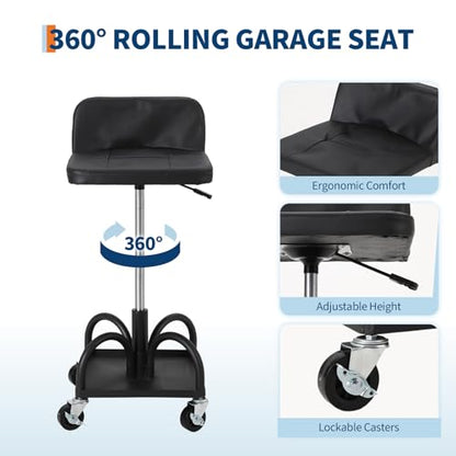 TrailBlaze Adjustable Rolling Mechanic Stool – 15.7"-25" Height, 300 lbs Capacity, Ergonomic Padded Seat, 3" Locking Swivel Wheels, Magnetic Tool Tray – Repair Stool | Load Capacity 300 lbs - color: Black, size: Advanced