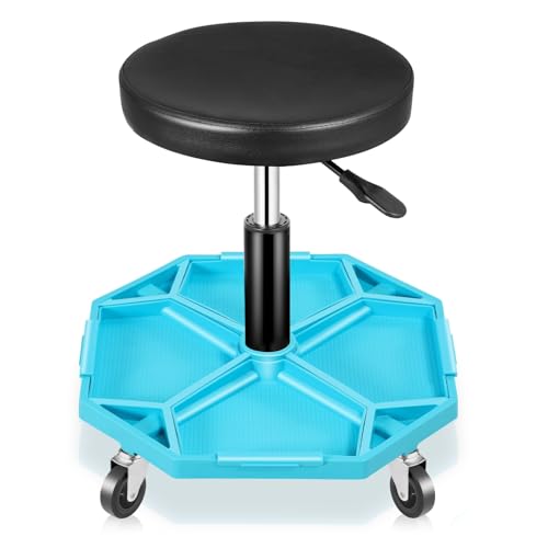 Auto Dynasty Mechanic Stool, Adjustable Rolling Pneumatic Creeper Garage Shop Seat with Tool Tray, 300 LBS Roller Seat for Workshop Auto Repair, Adjustable Height 15.7" to 21", Black/Blue - color: Blue