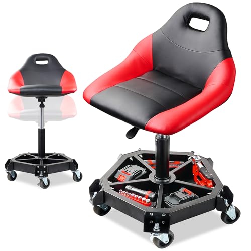 Rolling Shop Stool with Wheels, 330LBS Capacity Garage Mechanic Stool Seat with Backrest and Tool Tray Storage for Workshop, Pneumatic Adjustable Height Heavy Duty Garage Chair for Work, Red