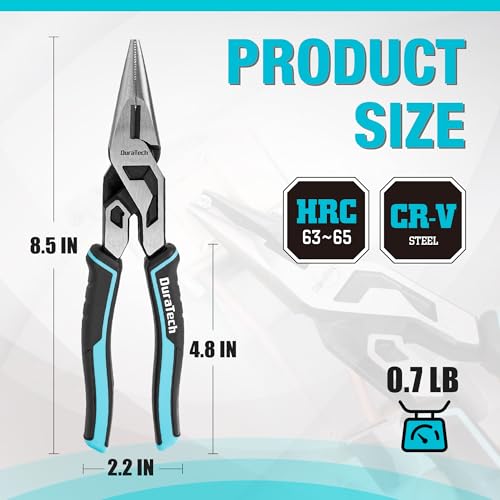 DURATECH 8.5-Inch Compound Needle Nose Pliers, Gen 2 Dual Pivot Design for Ultra Labor-Saving, High-Leverage Long Nose Pliers with Cutter, CR-V Steel for Gripping, Bending and Reaching