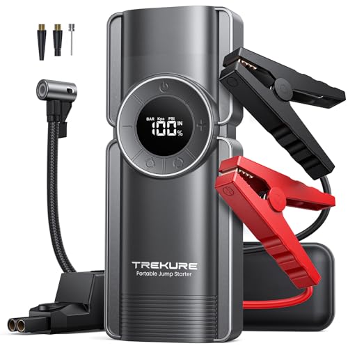 TREKURE Portable Car Jump Starter with Air Compressor, 150PSI 7000A Car Battery Jump Starter Battery Pack (9L Gas/8L Diesel), Safe Jumper Starter Portable Jump Box with Display, Emergency Light