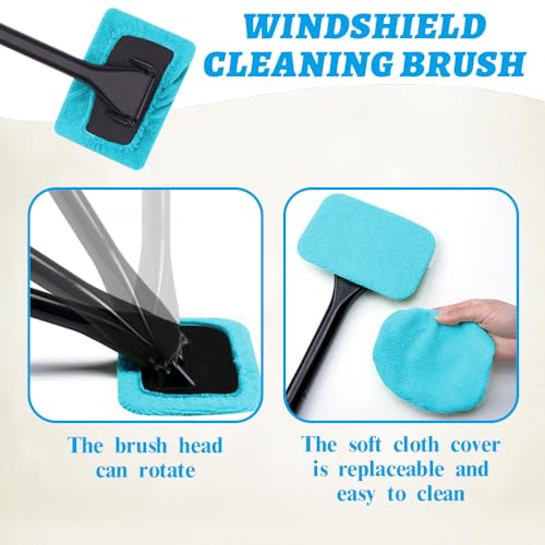 Car Window Cleaner, Car Windshield Cleaner Tool, Windshield Cleaner Inside with Extendable Handle and 4PCS Washable Reusable Cloth Pad, Car Tools Universal Auto Wiper Cleaning - color: Light blue
