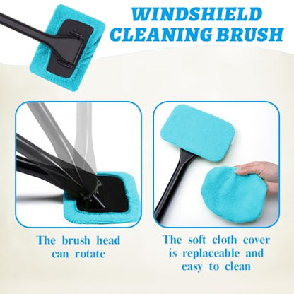 Car Window Cleaner, Car Windshield Cleaner Tool, Windshield Cleaner Inside with Extendable Handle and 4PCS Washable Reusable Cloth Pad, Car Tools Universal Auto Wiper Cleaning - color: Light blue