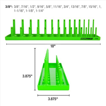 OEMTOOLS 22206 1/2" SAE Socket Tray Organizer, 28 Posts, 14 Sizes, Green Finish | Dual Rail System Socket Holder, Socket Tray with Labeled Posts, Holds 3/8" to 1-1/4", Socket Organizer for Tool Box Drawer - size: 1/2" SAE