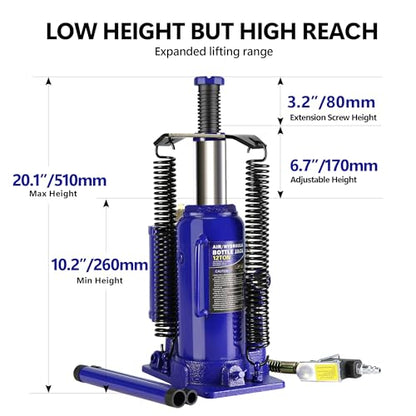 12 Ton Air Hydraulic Bottle Jack, Pneumatic Quick Lift Welded Car Bottle Jack,10.2-20.1 inch Lifting Range Manual Handle and Air Pump,Heavy Duty Auto Truck Travel Trailer Repair Lift,Blue - color: Blue-n, size: 12 Ton