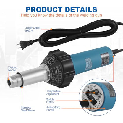 1600W Plastic Welder Kit Hot Air Gun – Adjustable Temperature 40–650°C – for Bumper, Tarpaulin, Kayak, Vinyl Floor Repair – Includes Carry Case, PE/PVC Welding Rods, Nozzles - size: 1600W w/ Case + 2 extra accessories