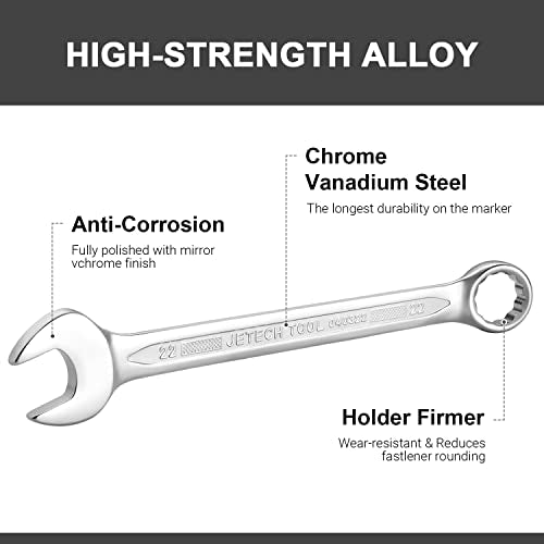 Jetech 22mm Combination Wrench, Metric 12-Point Chrome Vanadium Steel Spanner, Industrial Grade with 15-Degree Offset, Sand Blasted Finish, Heat-Treated Forged Tool - size: 22mm