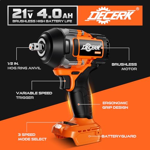 DECERK 900Nm High-Torque Impact Wrench - Covers 94% of OEM Torque Specs for Trucks, SUVs & Farm Equipment [4000mAh Dual Batteries] [1/2 Inch Driver] [21V MAX] Brushless, Cordless, Electric, Power,Gun - size: 900 N.m with Two Batteries
