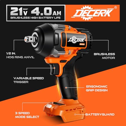 DECERK 900Nm High-Torque Impact Wrench - Covers 94% of OEM Torque Specs for Trucks, SUVs & Farm Equipment [4000mAh Dual Batteries] [1/2 Inch Driver] [21V MAX] Brushless, Cordless, Electric, Power,Gun - size: 900 N.m with Two Batteries