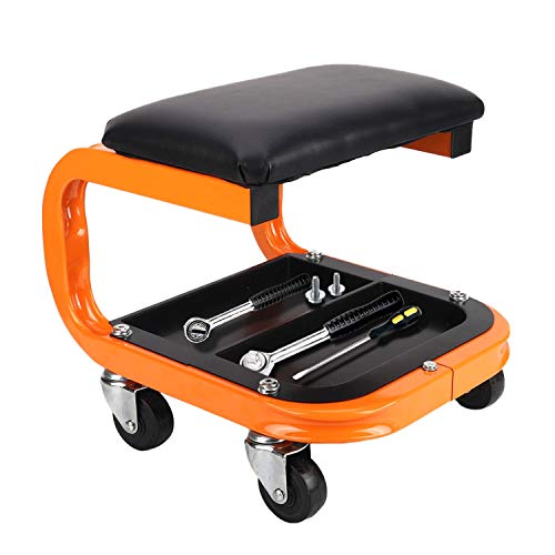 Heavy Duty Rolling Shop Stool, Mechanics Chair with Wheels, 400 LBS | Rolling Stool for Garage with Casters, Mechanics Roller Seat with Segmented Tool Tray and Comfortable Leather Cushion