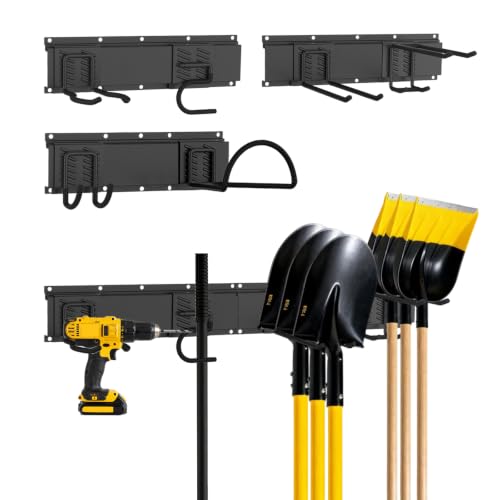 Garage Tool Organizer Wall Mount, Easy to 48inch Install Heavy-Duty Garage Storage System with 6 Adjustable Hooks, Garden Tool Rack for Shovels, Rakes, Yard Tools - size: 48" System - 6 Piece Basic Set