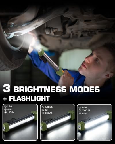 EverBrite 1000LM Magnetic Work Light, Rechargeable LED Mechanic Light with Dual Magnetic Bases & 360° Hanging Hooks, 4 Modes Under Hood Work Light for Car Repair, Garage, Emergency, 1 Pack Green - color: Green