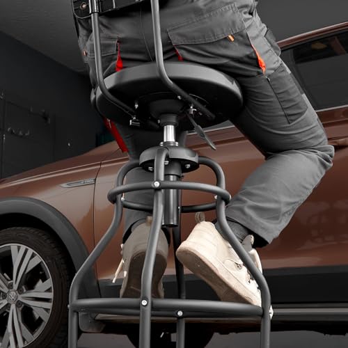 VEVOR Shop Stool with Backrest, Pneumatic Garage Seat/Work Stool with 300 lbs Capacity, Adjustable Height Roller Creeper Seat, 360° Swivel Padded, for Garage, Shop & Auto Repair, Black - style: with Backrest-no Casters