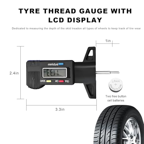 Digital Tire Tread Depth Gauge, 1 Inch/25.4 mm Metal Tread Depth Measurement with LCD Display, Accurate Zeroable Tire Depth Measuring Tool for Cars Trucks Vans SUVs (Black) - color: Black