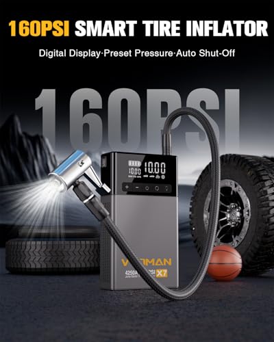 VTOMAN X7 Jump Starter with Air Compressor, 4250A&160PSI Pickup Trucks & Suvs Battery Car Jumper Starter Portable(10L Gas/10L Diesel) with Auto-Shutoff Tire Inflator, 12V Lithium Booster Box, QC3.0 - color: Gray
