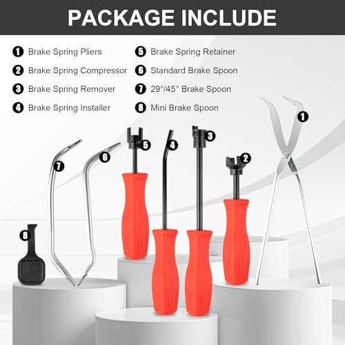 8 PC Drum Brake Tool Kit with Adjusting Tool | Complete Brake Spring Set with Brake Spring Compressor &Brake Spoon, for Brake Service with Spring Pliers, Spring Replacemen