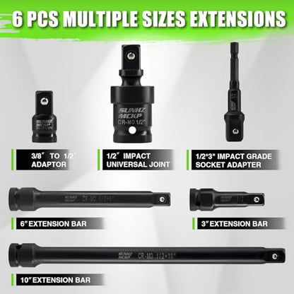 SUNHZMCKP 20 PCS 1/2" Impact Socket Set, Drive Deep 6 Point Socket Set, Including Standard SAE Sockets (3/8" to 1-1/4"), 3 ", 6", 10" Impact Extension Bar and Drill Socket Adapter, Cr-MO - size: 20-Pc 1/2" SAE Impact Socket Set