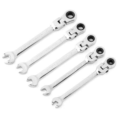 5pcs Flex Head Ratcheting Wrench Set, Metric 6-10mm Spanner Gear Ring Ratcheting Combination Wrenches Kit, 180° Head, 72 Tooth, Box End and Open End Wrench for Tight Spaces(Silver)
