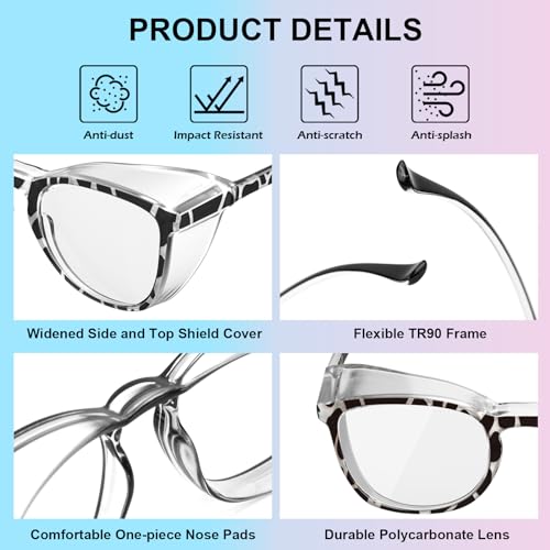 OXG 4 Pack Safety Glasses Anti Fog Goggles, Blue Light Blocking Stylish Safety Glasses for Women Nurses Protective Eyewear - color: Leopard+clear+black+blue