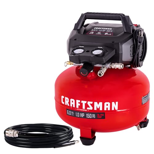 CRAFTSMAN 6-Gal 150 PSI Oil-Free Pancake Air Compressor with 25-ft Hose | 2.6 SCFM at 90 PSI with Dual Couplers for Nailers, Tire Inflation, and Woodworking