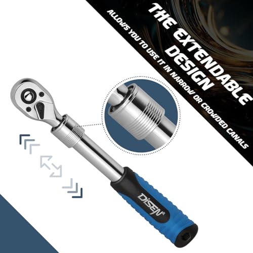 DISEN 3PCS Extendable Ratchet Wrench Set,1/4" 3/8" 1/2" Drive 72-Tooth, Quick-Release, Reversible Drive Socket Wrenches,Soft Grip Handle with Storage Tray - size: 1/4''+3/8''+1/2'' Set, style: 72T Extendable Ratchet