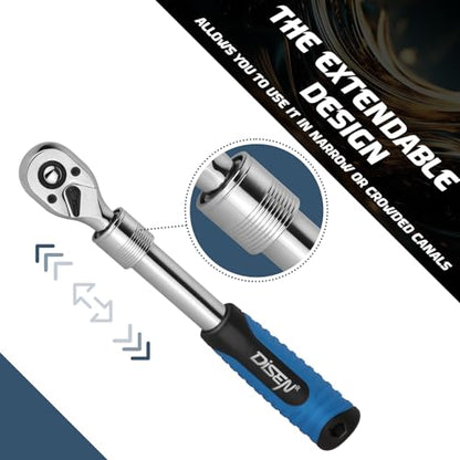 DISEN 3PCS Extendable Ratchet Wrench Set,1/4" 3/8" 1/2" Drive 72-Tooth, Quick-Release, Reversible Drive Socket Wrenches,Soft Grip Handle with Storage Tray - size: 1/4''+3/8''+1/2'' Set, style: 72T Extendable Ratchet