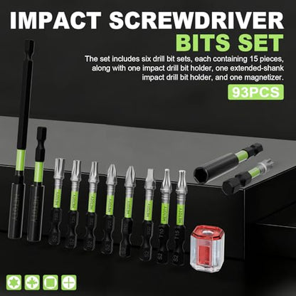 Magnetic Screwdriver Bit Set, 93-Piece Impact Ready S2 Steel Driver Bits with Magnetizer, Extension Bars, for Automotive, Repair & DIY Projects (PH/PZ/SQ/T/Torx) - size: Mixed with Storage Box with 93PCS