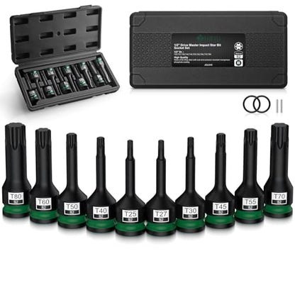 JiGiU 10PCS 1/2" Drive Impact Torx Bit Socket Set S2 Steel Star Sockets Star Bit Socket T25, T27, T30, T40, T45, T50, T55, T60, T70, T80 with Storage Case for Professional Mechanic and Auto Repair - size: Torx