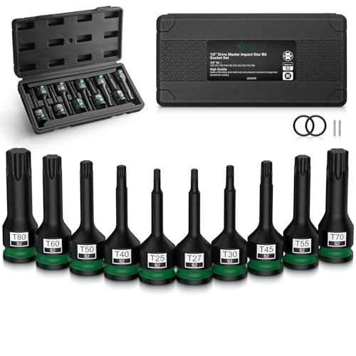 JiGiU 10PCS 1/2" Drive Impact Torx Bit Socket Set S2 Steel Star Sockets Star Bit Socket T25, T27, T30, T40, T45, T50, T55, T60, T70, T80 with Storage Case for Professional Mechanic and Auto Repair - size: Torx