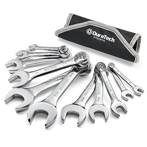 DURATECH Stubby Combination Wrench Set, SAE, 11-piece, 3/8'' to 1'', 12-Point, CR-V Steel, with Rolling Pouch - size: 11-Piece, SAE