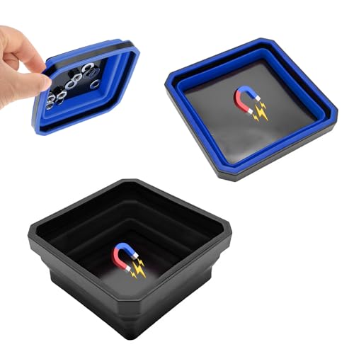 Yourkar Collapsible Magnetic Parts Tray, 4.5 Inch Foldable Magnetic Square Silicone Tray, Tool Tray Set with Double-Sided Magnetic Base for Screw Bolts Nuts Pins, Car Accessories (Black+Blue, 2 PCS) - color: Black+Blue, 2 PCS