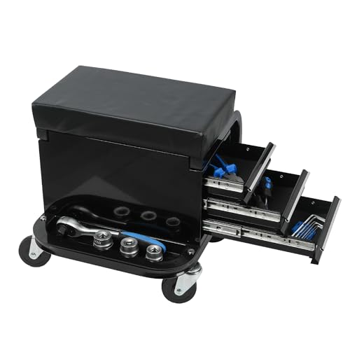 3-Drawer Rolling Mechanic Seat with Tool Chest, 350 lbs Weight Capacity, Reinforced Metal Powder-Coated Finish, Black, with Swivel Casters and Removable Storage Tray (Side drawer) - style: Side drawer
