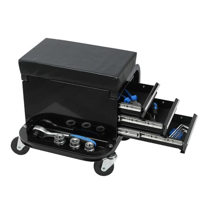 3-Drawer Rolling Mechanic Seat with Tool Chest, 350 lbs Weight Capacity, Reinforced Metal Powder-Coated Finish, Black, with Swivel Casters and Removable Storage Tray (Side drawer) - style: Side drawer