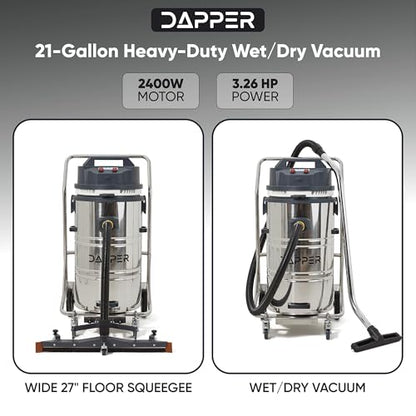 Dapper Supply 21 Gallon Heavy-Duty Industrial Wet/Dry Vacuum, Dual Motor, 3.3 HP, 222 CFM, 27" Squeegee, 120V/20A Plug, 2 Year Warranty - Ideal for Construction Sites, Warehouses & Industrial Cleanup - size: 21 Gal