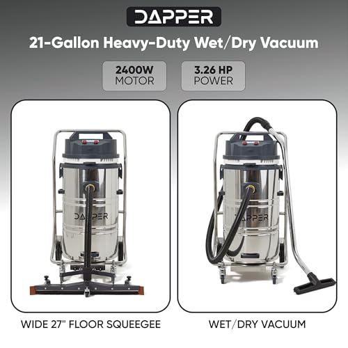 Dapper Supply 21 Gallon Heavy-Duty Industrial Wet/Dry Vacuum, Dual Motor, 3.3 HP, 222 CFM, 27" Squeegee, 120V/20A Plug, 2 Year Warranty - Ideal for Construction Sites, Warehouses & Industrial Cleanup - size: 21 Gal